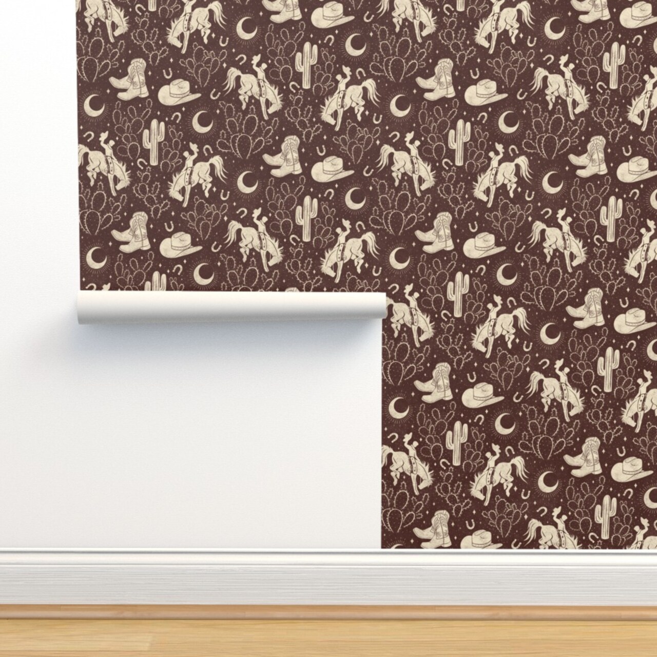 Southwest Brown Boots Cactus Ranch Rodeo Cowboy Hat Moon Custom Pre-pasted Wallpaper by Spoonflower Pre-Pasted Wallpaper 2FT Wide